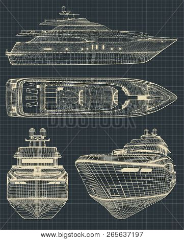 Fragment Of Stylized Drawings Of A Modern Yacht In Retro Style