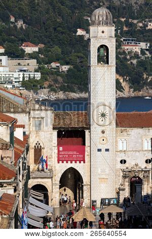 Dubrovnik, Croatia, July 31, 2018: City Bell Tower In Dubrovnik, Croatia, Originated In The Mid 15th