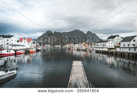 September 2018, Henningsvaer Lofoten Island. Long Exposure Of Henningsvaer Fishing Village On A Clou