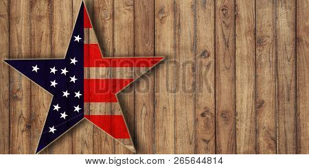 Usa Flag In Star Shape On Wood, Background With Copy Space