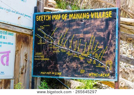 Touristic Information Sign In Manang Village, Annapurna Conservation Area, Nepal