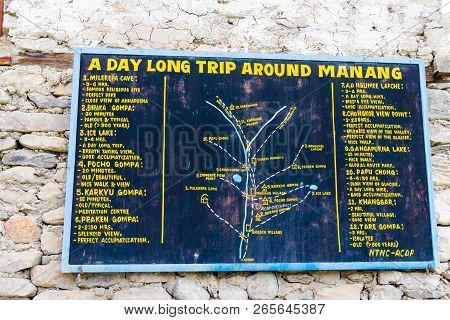 Touristic Information Sign In Manang Village, Annapurna Conservation Area, Nepal