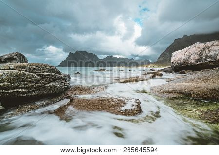 A Typical Lofoten Beach View Frames The Sea At Ramberg Lofoten. Scene On A Beautiful Day With Blue S