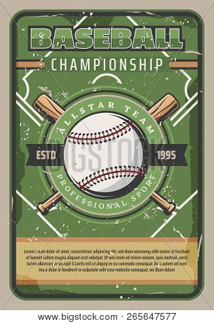 Baseball Sport League And Championship Retro Poster. Vector Vintage Baseball Ball With Crossed Bats 
