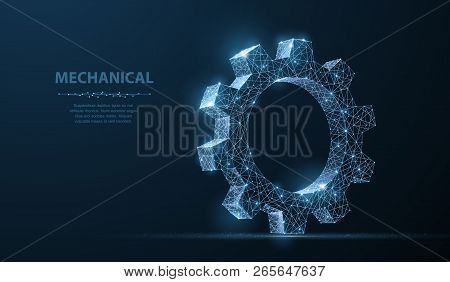 Gears. Abstract Vector Wireframe Two Gear 3d Modern Illustration On Dark Blue Background.