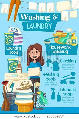 Laundry And Washing Service Advertisement Poster For Clean Home. Vector Cartoon Design Of Woman With