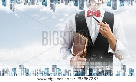 Double Exposure Of Confident And Young Businessman In Smart-casual Wear Smoking Pipe And Modern City