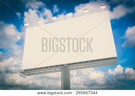 Blank Billboard At Blue Sky Background. 3d Rendered Illustration. Retro Style.