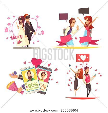 Virtual And Real Love Design Concept With Compositions Of Online Dating Apps Pictograms And People I