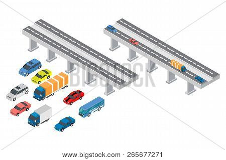 Isometric Bridge Traffic, Vector Illustration