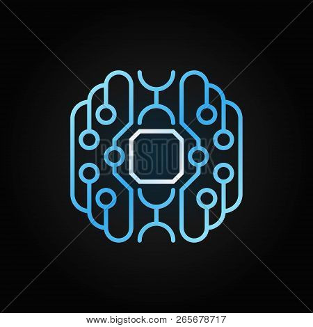Smart Brain Blue Outline Icon. Cyberbrain Vector Sign In Thin Line Style On Dark Background
