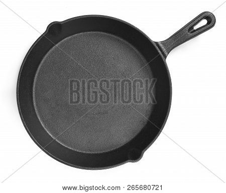 Cast Iron Pan With Empty Space, Isolated On White Background. Cut Out Object With Top View Or High A