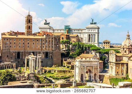 Roman Forum, View On The Tabularium, The Temple Of Castor And Pollux, The Arch Of Septimius Severus,