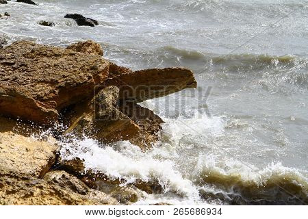 Fantastic Petrous Light Blue Sea Beach With Large Stones On A Summer Day, Photo Of Nature