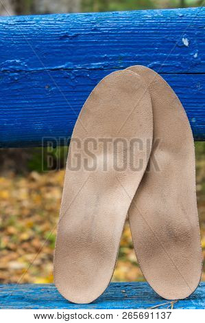 Blue Bench With Leather Orthopedic Insoles On It. Healthy Relax On Nature. Outdoors.