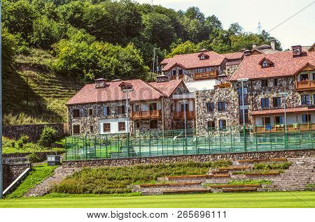 Dilijan,armenia,august 24,2018:modern Cottages For Students, With Carved Wooden Balconies In Ethnic 