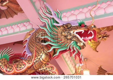 Dragon Statue At Guan Yu Shrine, Chonburi, Thailand.