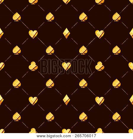 Luxury Seamless Pattern With Bright Glossy Golden Card Suits Icons Like Hearts, Diamond, Spades On B