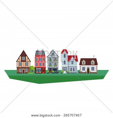 Old Traditional Eurpoean Vintage Houses Vector Illustration