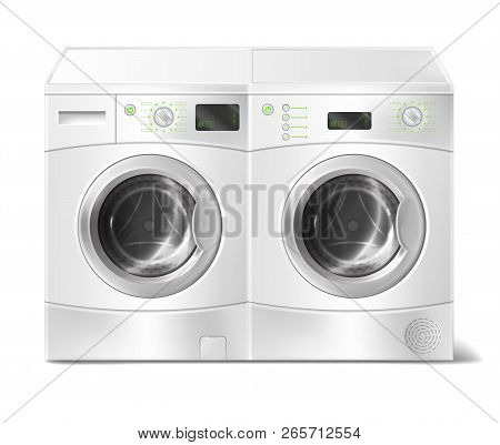 Realistic Illustration Of White Front-load Washer And Dryer, Empty Inside, With Close Door Isolated 