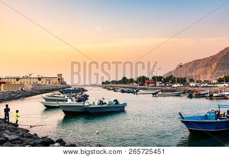 Khasab, Oman - October 5, 2018: Khasab City Creek And Desert Rock Scenery With Characteristic Arabia