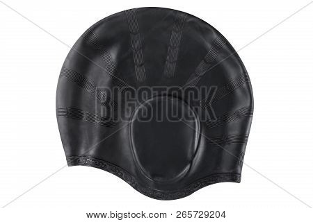 Black Rubber Swimming Cap In The Pool And In The Sea, Head And Hair Protection, On A White Backgroun