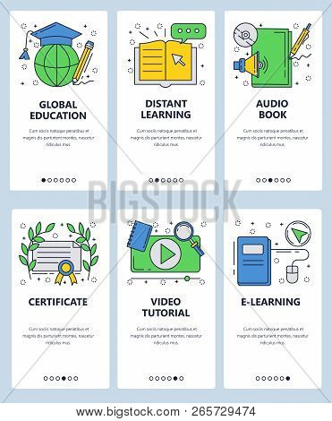 Vector Web Site Linear Art Onboarding Screens Template. Online Education And E-learning. Video Tutor