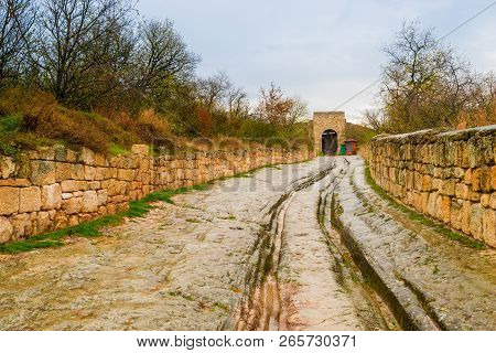Stone Old Road With Deep Gauge In The Cave City Of Chufut-kale In Crimea, Russia