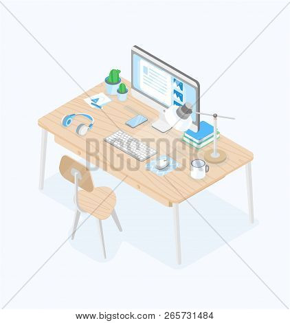 Desk With Computer Display, Table Lamp, Earphones, Keyboard, Mousepad, Mug On It And Chair Isolated 