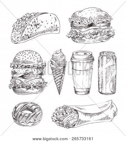 Fast Appetizers Set Isolated On White Backdrop, Meat Burrito And Taco Near Huge Fresh Hamburger, Don