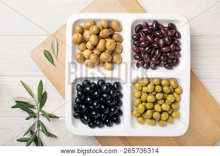 Olives Green Black Aragon And Split Olives. Tasty Mediterranean Food
