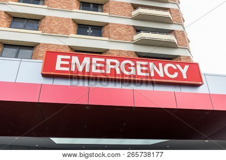Emergency Department Sign At The University Hospital Geelong In Australia.
