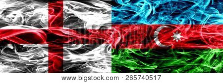 England Vs Azerbaijan, Azerbaijani Smoke Flags Placed Side By Side. Thick Colored Silky Smoke Flags 