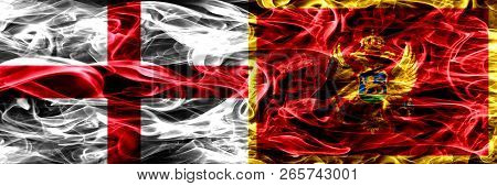 England Vs Montenegro, Montenegrin Smoke Flags Placed Side By Side. Thick Colored Silky Smoke Flags 