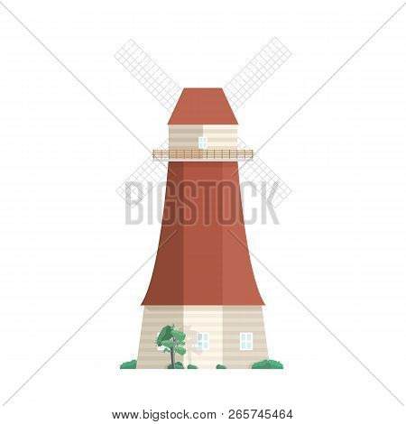 Traditional Dutch Windmill Isolated On White Background. Smock, Tower Or Post Mill. Agricultural Bui