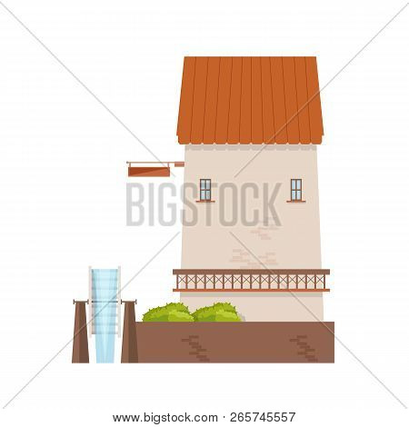 Watermill With Brick Walls And Wheel Isolated On White Background. Old Water Mill. Farming Structure