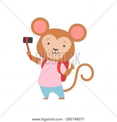 Cheerful Tourist Monkey With Bacpack And Photo Camera, Cute Animal Cartoon Character Travelling On S