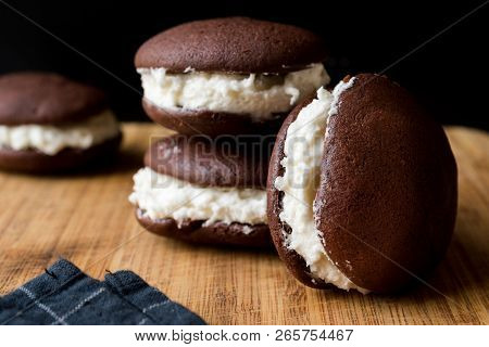 Homemade Chocolate Whoopie Pies Filled With Vanilla Butter Cream.