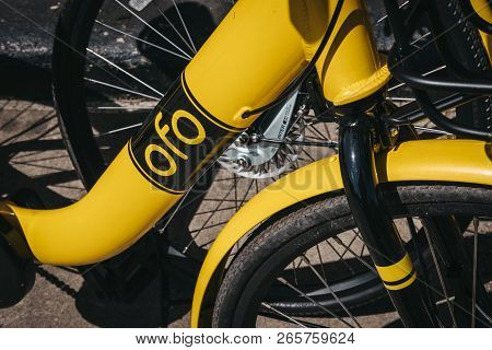 London, Uk - August 1, 2018: Close Up Of A Yellow Ofo Bike On A Street In London. Ofo Is A Dockless 