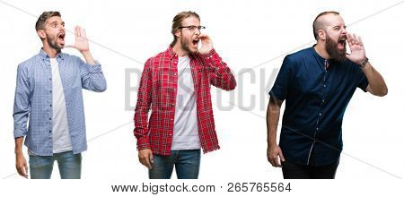 Collage of group of young men over white isolated background shouting and screaming loud to side with hand on mouth. Communication concept.