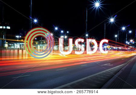 Concept Of Usdc Coin Moving Fast On The Road, A Cryptocurrency Blockchain Platform , Digital Money