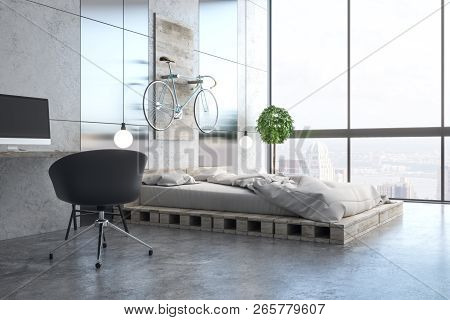 Light Bedroom Interior With Workplace, Furniture, Decorative Items And Daylight. 3d Rendering