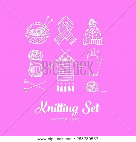 Hand Drawn Outline, Knitting Set. Clew, Yarn, Wool, Knitting Needles, Thread, Basket, Knit Work, Hat