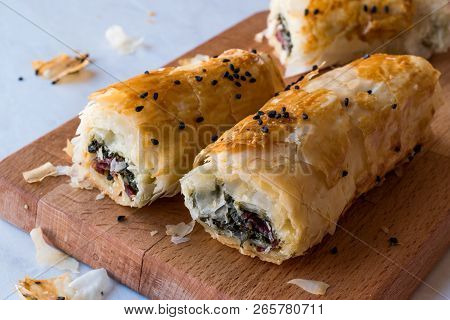 Turkish Borek With Spinach And Pastrami Or Pastirma.