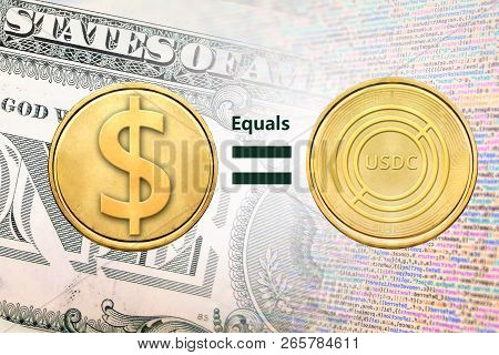 Concept Image Of Usdc Coin Equal To Usd Coin, Cryptocurrency