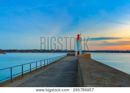 Panoramic View Of Walled City Saint-malo With St Vincent Cathedral At Sunrise At High Tide. Saint-ma
