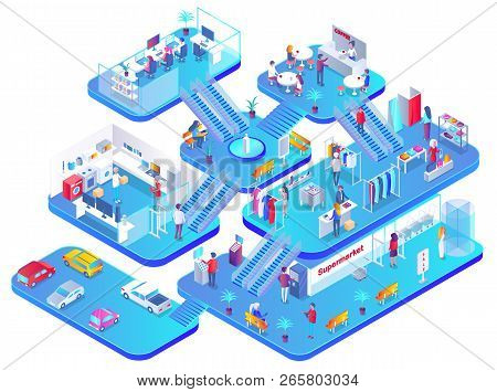 Shopping Mall Concept Isolated On White Vector Huge Supermarket With Different Shops And Cafe, Marke