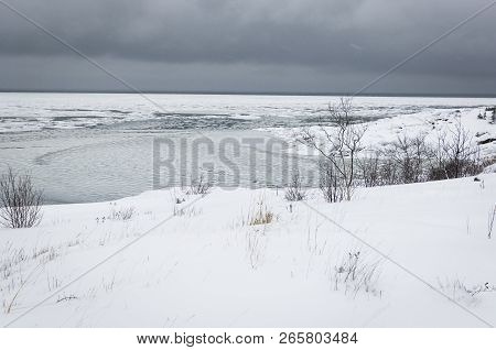 View Of The St. Lawrence Estuary In Winter In Canada