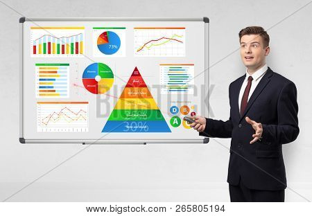 Handsome businessman presenting health reports on white board with laser pointer 