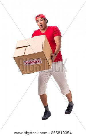 Handsome contractor holding fragile box isolated on white 